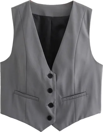 Generic Waistcoats for Women UK Womens Fully Lined 4 Button V-Neck Economy Dressy Suit Vest Waistcoat Elegant Solid Color Sleeveless Tops Button Down Cropped 