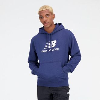 New Balance Mens Essentials Stacked Logo French Terry Hoodie in Blue Cotton Fleece, size X-Small