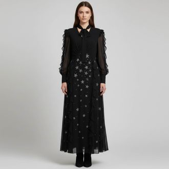 Elisabetta Franchi Black Crepe Crystal Embellished Ruffled Maxi Dress