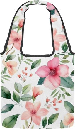 Generic Pink Flowers with Leaves Reversible Canvas Shoulder Tote - Double-Sided Print, 12oz Cotton, 27cm Drop, Fold-Flat Bag for Travel, Shopping, Street Outi