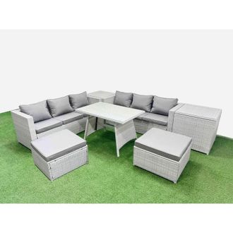 Fimous Fimous Rattan Garden Furniture Dining Set 8-seater Patio Rectangular Table 3 Seater Sofa Set with 2 Side Tables 2 Big Stools Light Grey