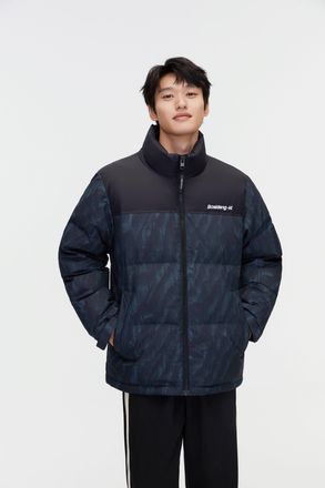 Bosideng Unisex Classic Standing Collar Down Jacket - Blue/Dark Grey - Size X-Small