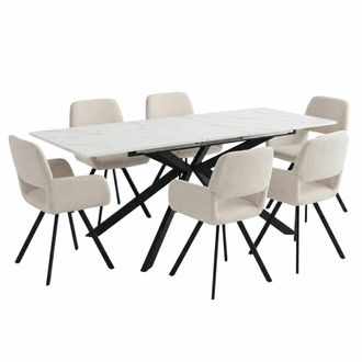 Urban Meuble Conjunto de mesa de comedor extensible efecto m&aacute;rmol y 6 sillas crema