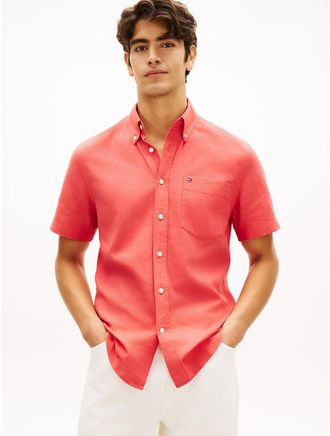 Tommy Hilfiger Mens Regular Fit Dyed Cotton-Linen Shirt - Red - XXL
