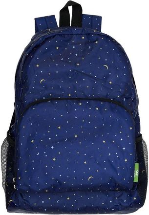 Eco Chic Lightweight Foldable Water Resistant Backpack Rucksack Folds into Pouch for Storage (Stars and Moons Navy)