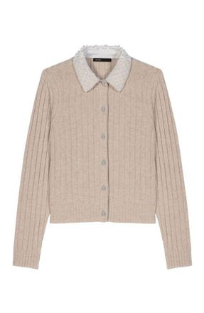 Maje Cardigan with removable bead collar in Beige at Nordstrom, Size X-Small