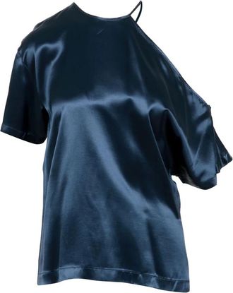 Erika Cavallini Semi Couture Blauwe Satijnen Shirt met Ronde Halslijn - Dames - T-shirts - Blauw - L - Satijn - Tops