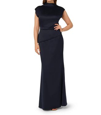 Adrianna Papell High Neck Sleeveless Satin Evening Gown In Dark Navy