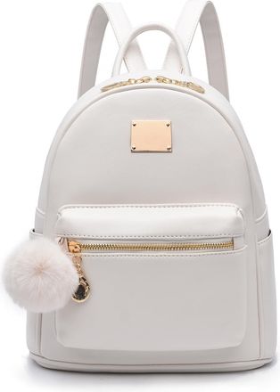 I Ihayner Girls Fashion Backpack Purse Leather Mini Backpack Purse for Women Satchel School Bags with Pompom Travel Daypacks White