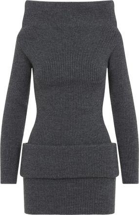 Jean Paul Gaultier Korte jurk met lederen label details - Dames - Kleedjes - Grijs - S - Wol - Kleedjes