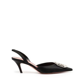Amina Muaddi Nappa Black Camelia Sling 60 mm Sandals, Brand Size 35.5 (US Size 5.5)