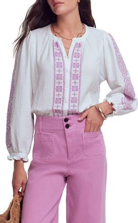 Boden Camille Double Cloth Cotton Top in White Embroidered at Nordstrom, Size 14