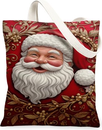 Generic Christmas Santa Canvas Tote Bags, Holiday Vintage Design Reusable Grocery Bags, Lightweight Washable Shoulder Strap Canvas, Red, 13x15 Inch