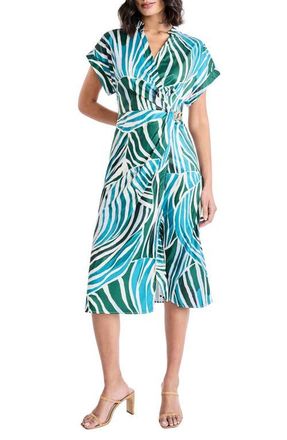 Maggy London Cap Sleeve Chain Detail Faux Wrap Midi Dress in Cream/Teal at Nordstrom, Size 12