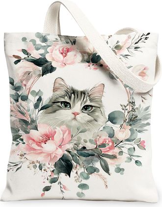 Generic Cat Floral Canvas Tote Bags, Stylish Flower Design Reusable Shopping Bags, Spring Vintage Lightweight Washable Shoulder Str, White, 13x15 Inch
