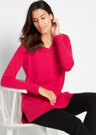 Bonprix Longpullover BONPRIX Long-Pullover, Damen, Gr. 56/58 (XXXL), rot (granatrot), Obermaterial: 70% Baumwolle, 30% Polyamid, loose fit, V-Ausschnitt, Pull