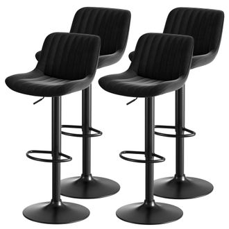 STILVORA Lote De 4 Taburetes De Bar Giratorios Regulables En Altura Con Respaldo, Metal, Madera Y Terciopelo, Negro
