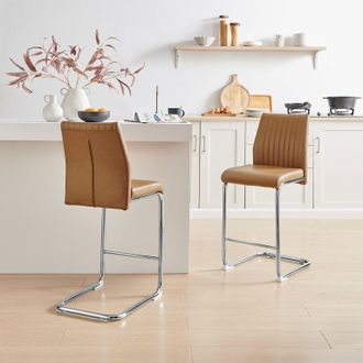 Furniturebox Lorenzo 2x Faux Leather & Silver Counter Stools in Tan
