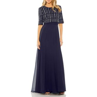 Mac Duggal Fully Beaded 3/4 Sleeves Top Chiffon Gown in Midnight at Nordstrom, Size 2