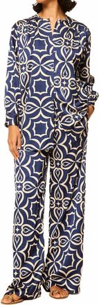 Misa Reshma Pant In Blue Mosaic Tile Satin