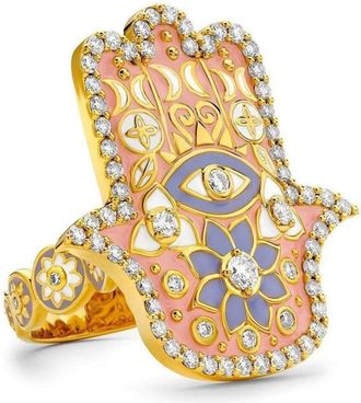 Buddha Mama 20kt yellow gold Hamsa ring - women - Diamond/Enamel/20K Yellow Gold - 6 1/2