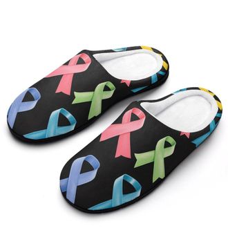 Generic Cancer Awareness Ribbons Mens Slippers Slip On Comfortable Fleece Cotton House Shoes Winter