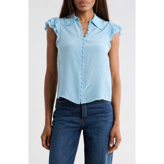 Alice & Olivia Martel Flutter Sleeve Silk Button-Up Top in Mineral Blue at Nordstrom Rack, Size X-Large