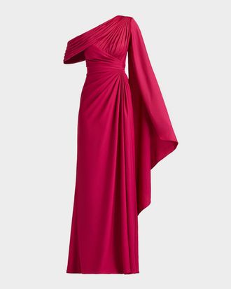 Tadashi Shoji Pleated One-Shoulder Cape Gown
