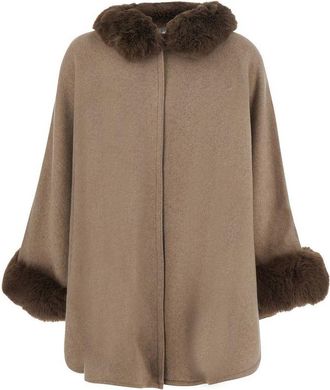 Twin-Set Plush Fur Trim Loose-Fitting Cape Coat