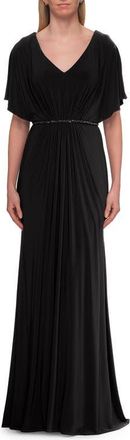 La Femme Flutter Sleeve Jersey Gown with Beaded Waist in Black at Nordstrom, Size 12