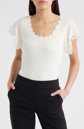 Elie Tahari Brittany Flutter Sleeve Mixed Media Top in Sky White at Nordstrom, Size Medium
