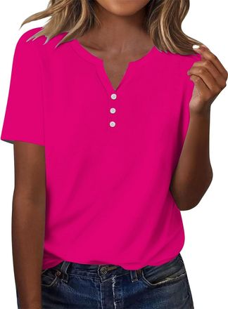 Generic T Shirts for Women Ladies V Neck Summer Short Sleeve Buttons Tops Casual Loose Fit Plain Blouse (Z04-Hot Pink, XXXL)
