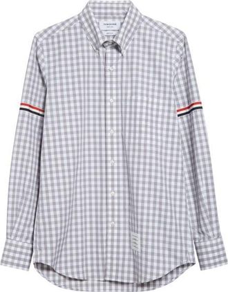 Thom Browne Armband Stripe Cotton Button Down Shirt in Medium Grey at Nordstrom, Size 0