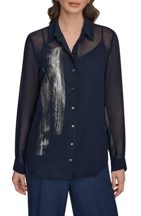 DKNY Metallic Foil Georgette Button-Up Shirt in Nightfall/Gunmetal at Nordstrom, Size X-Large