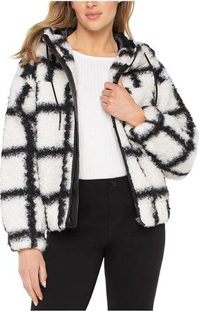 Liverpool L.A. Faux Lamb Zip Up Sweater with Hood Womens Sweater White/Black Curly Lamb Windowpane : XS, Polyester