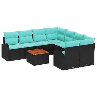 vidaXL Set Divano Da Giardino 9 Pz Nero E Turchese Polyrattan Vidaxl