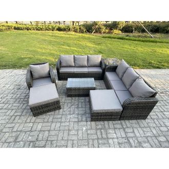 Fimous 9 Seater Rattan Lounge Sofa Set Outdoor Garden Furniture Set with Rectangular Coffee Table 3 Seater Sofa 2 Big Footstool Side Table Dark Grey Mixed