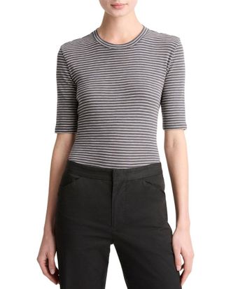 Vince Striped Elbow Sleeve Crewneck Top