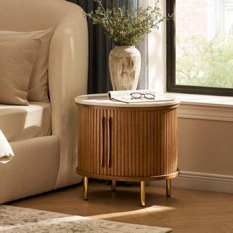 Castlery Tamboured Design Marble Storage Side Table - Dark Brown | Harper by Castlery