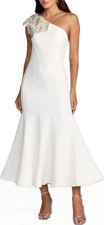 Mac Duggal Sleeveless Crepe One Shoulder Mermaid Midi Dress With Flower in Ivory at Nordstrom, Size 10