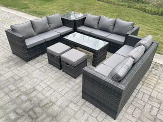 Fimous Outdoor Rattan Garden Furniture Lounge Sofa Set With Oblong Rectagular Coffee Table in Dark Grey
