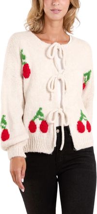 Generic Lumaire Women Front Tie Knitted Cherry Cardigans, Ladies Casual Warm Knitwear Long Sleeve Slouchy Short Cardigan Sweater Jumper Top (Cream, 8-16)
