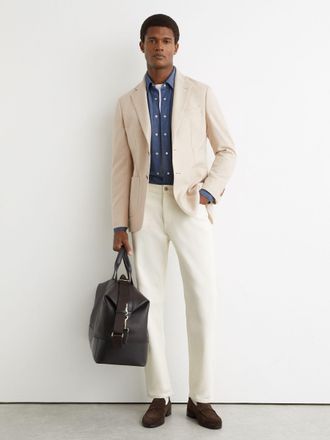 Reiss Oatmeal Brown Carson Flannel Single-breasted Blazer-fit With Wool, 38R