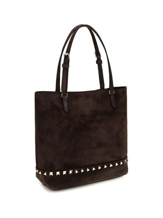 Valentino Garavani Womens Small Rockstud Suede Tote Bag Ebony Brown Calf Leather Bos Taurus Shoulder