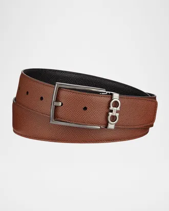 Ferragamo Men & apos;s Textured Leather Belt with Gancini Detail