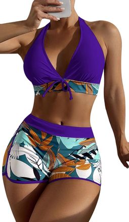 Feoya Womens Two Piece Swimsuit Halter Neck Top with Boy Shorts Swimwear Push Up Two Piece Tummy Control Swim Shorts Bikini Top Bathing Suits A15 XL