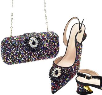 Generic Shoe and Bags Set for Wedding Party Shoes and Bag Set Decorated with Rhinestone Elegant Heeled Pumps for Women Black