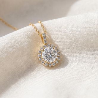 Pompeii3 1 1/4Ct Halo Diamond Moissanite Pendant Necklace 18 14k Yellow Gold (1/3 tall)