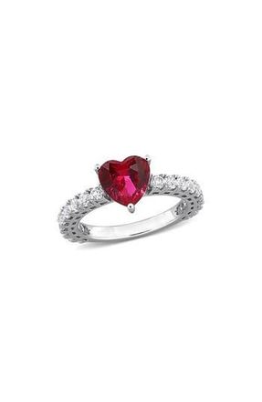 Delmar Sterling Silver Lab Grown White Sapphire & Ruby Heart Ring in Red at Nordstrom Rack, Size 7