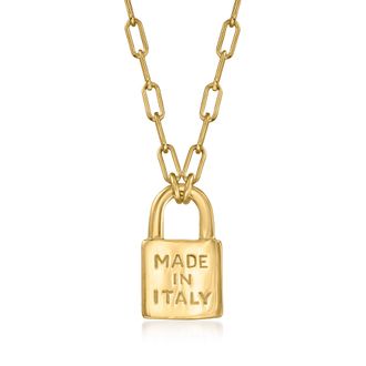 Ross-Simons Italian 18kt Gold Over Sterling Made in Italy Lock Pendant Paper Clip Link Necklace